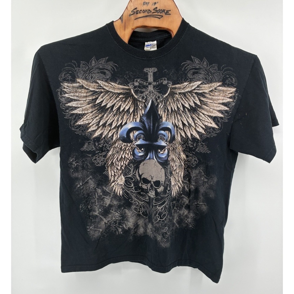 Lot Of 2 VNTG Y2K Skull Wing Graphic Double sided T-Shirt Black Gray‎ Size XL - Picture 4 of 11